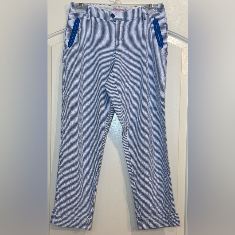 Lily Pulitzer Blue & White Seer-suckle Cropped Pants Size 4
